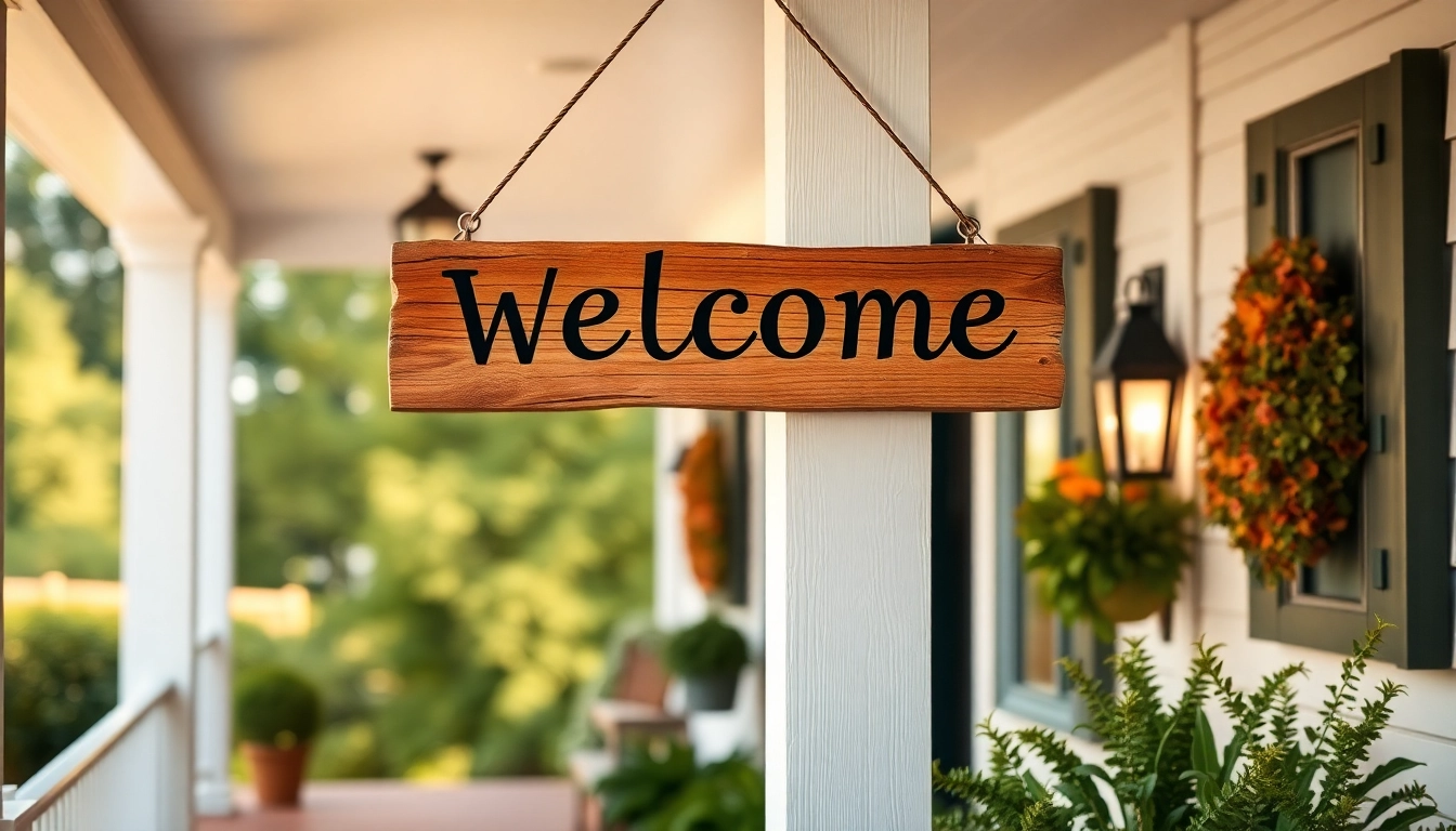 Warm wooden welcome signs greeting guests at a charming front porch, enhancing curb appeal and hospitality.