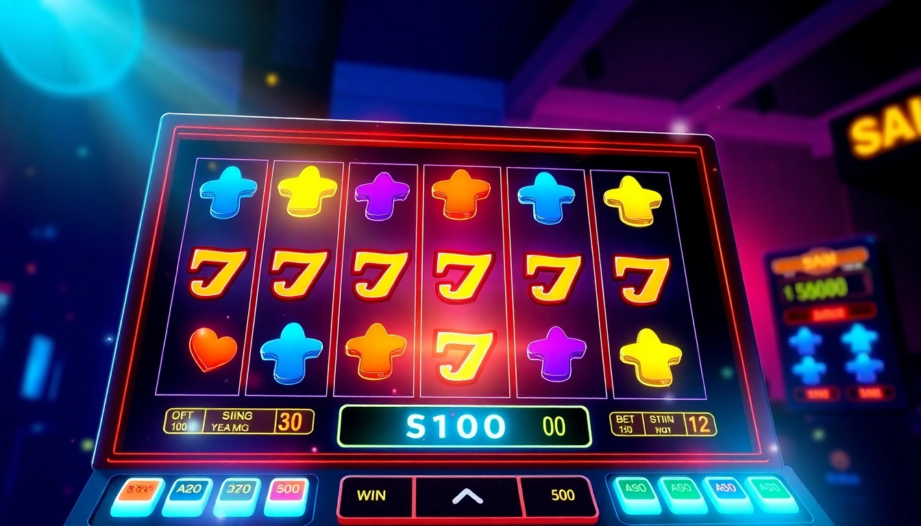 Illustration of a bright, colorful online slot machine with winning symbols, representing "slot gacor" and high payout potential for players.