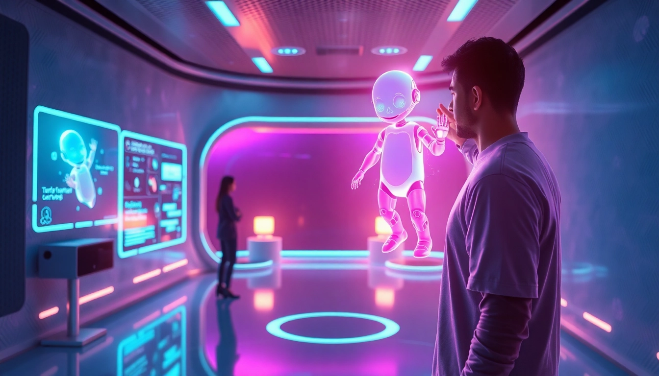 Futuristic AI interaction scene with holographic characters and neon lighting