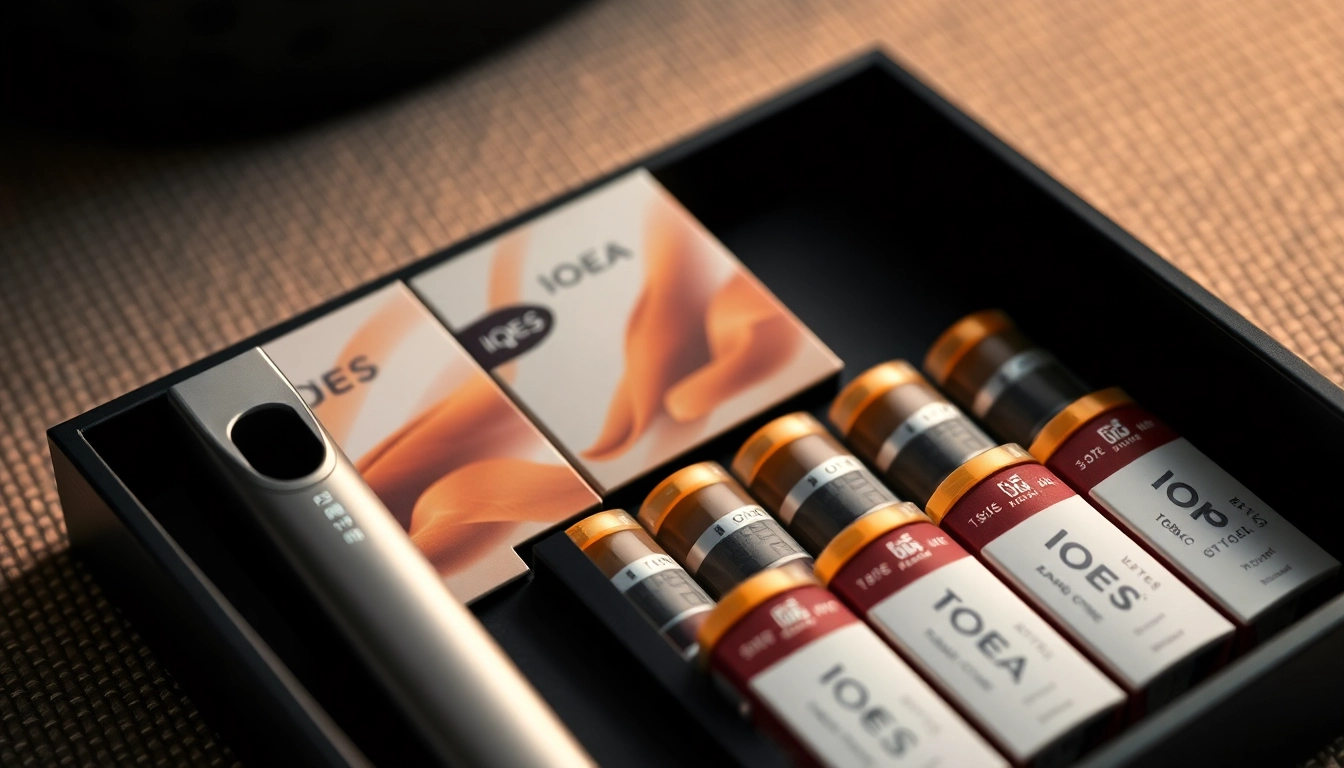 IQOS TEREA tobacco sticks placed next to the IQOS device, showcasing flavor variety and quality for a premium user experience.