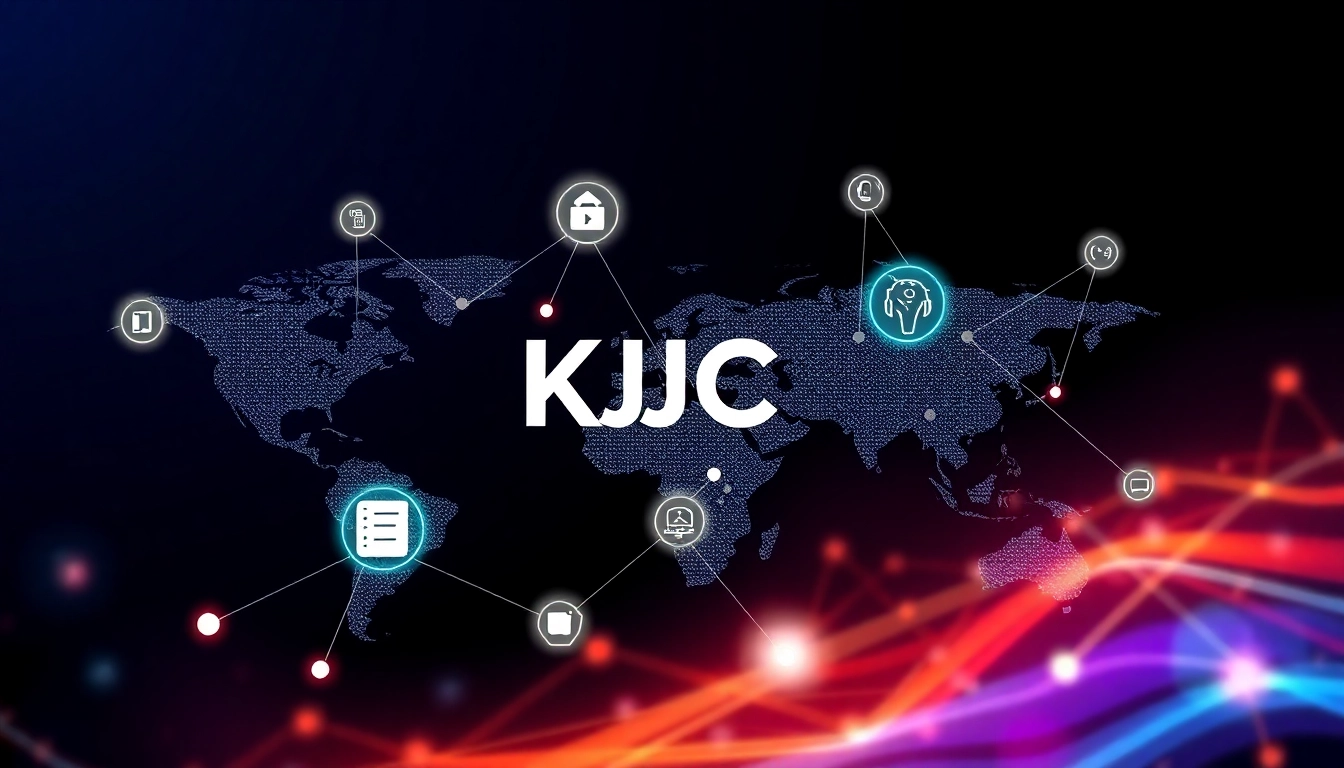 KJC branding logo on a modern digital interface; highlights global connectivity and technological innovation, demonstrating a robust online entertainment ecosystem.