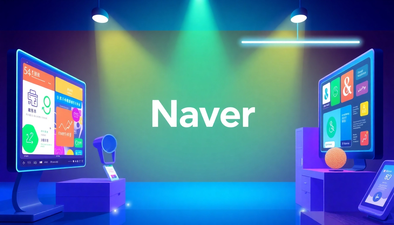 Design showcasing the Naver logo on a modern digital dashboard, highlighting its role as Korea’s leading online platform and search engine, to illustrate brand identity.