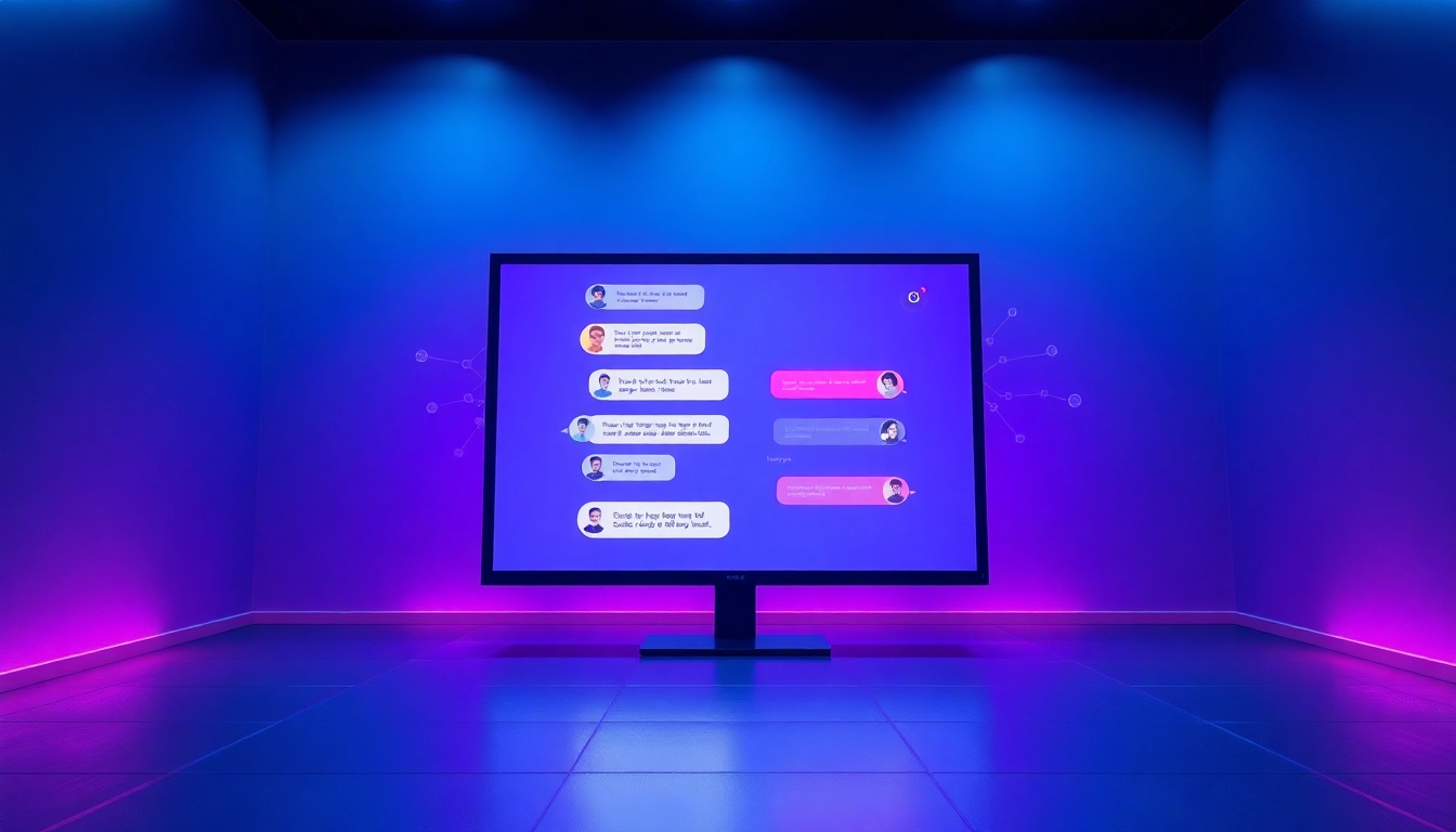 Futuristic AI chatbot interface on a sleek screen with ambient blue and purple lighting in a modern room.