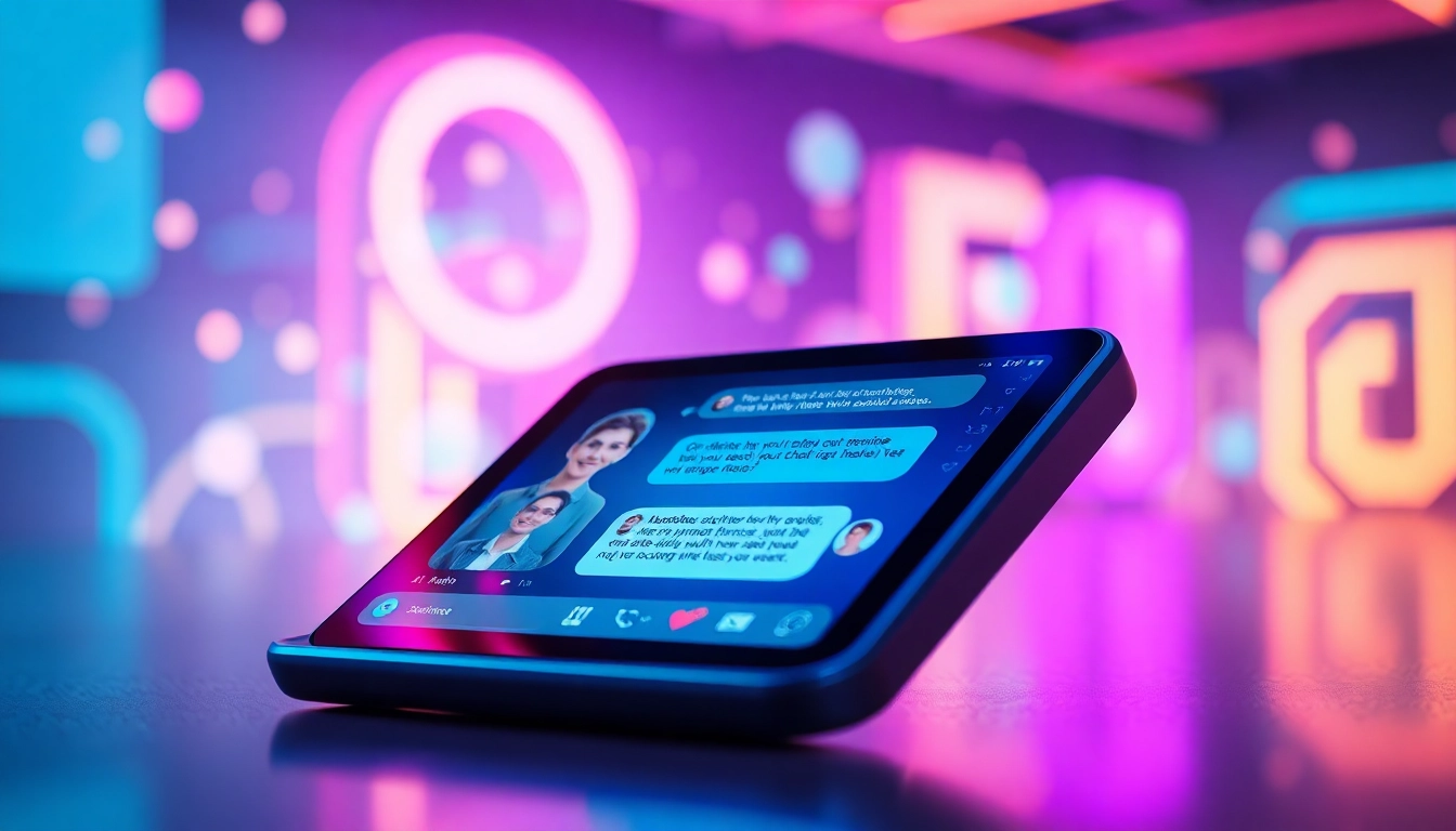 Futuristic digital chat interface with holographic elements and expressive AI avatars on a sleek device.