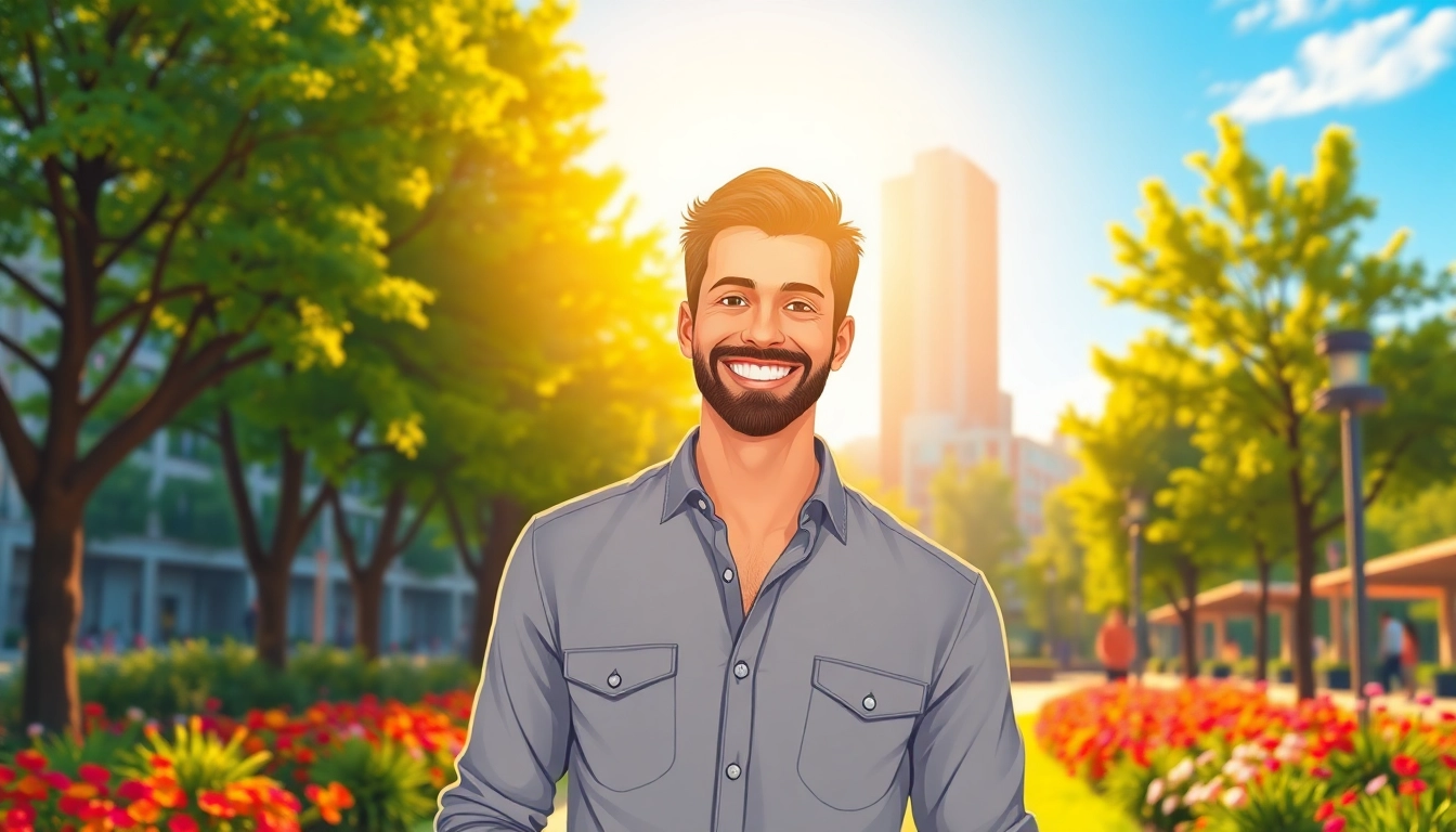 An illustration of a confident man smiling in a park during golden hour, surrounded by greenery and colorful flowers.