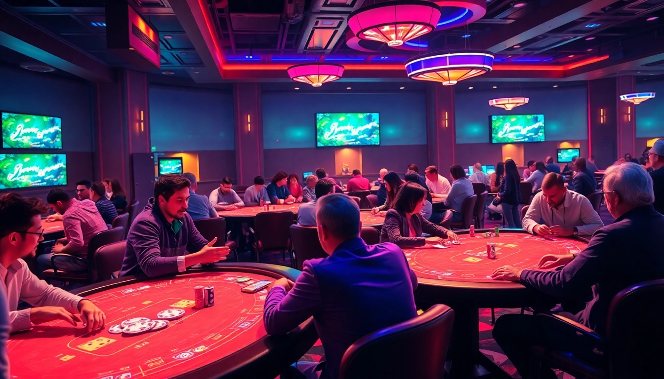 Wide shot of players enjoying the best pokerbros clubs, highlighting lively game action and engaging atmosphere with colorful chips and tables, attracting poker enthusiasts.