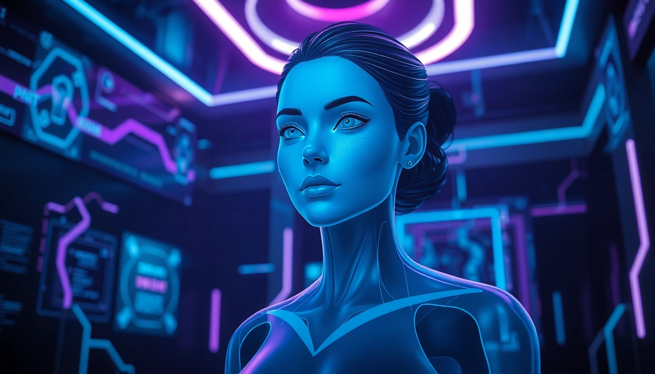 Futuristic digital scene of a holographic female AI character in a high-tech environment with neon accents and data streams.