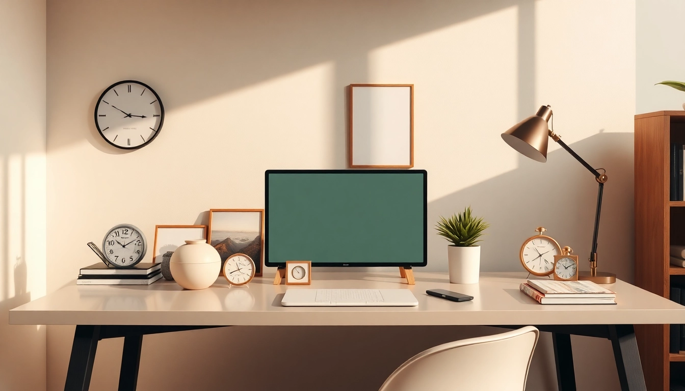Showcase a diverse range of pieczątki on a stylish office desk, emphasizing their unique designs and functionality.