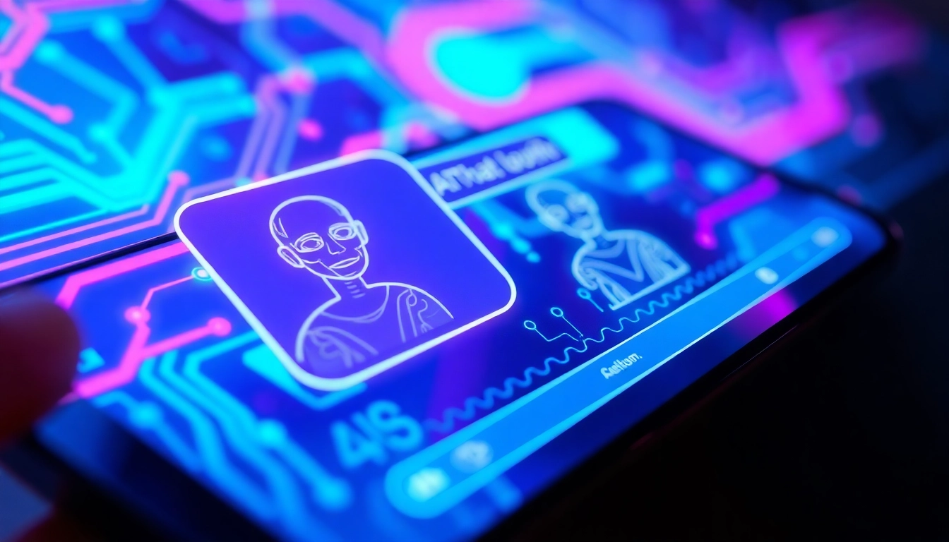 Futuristic AI chatbot interface with digital avatars on a device screen in neon-lit environment