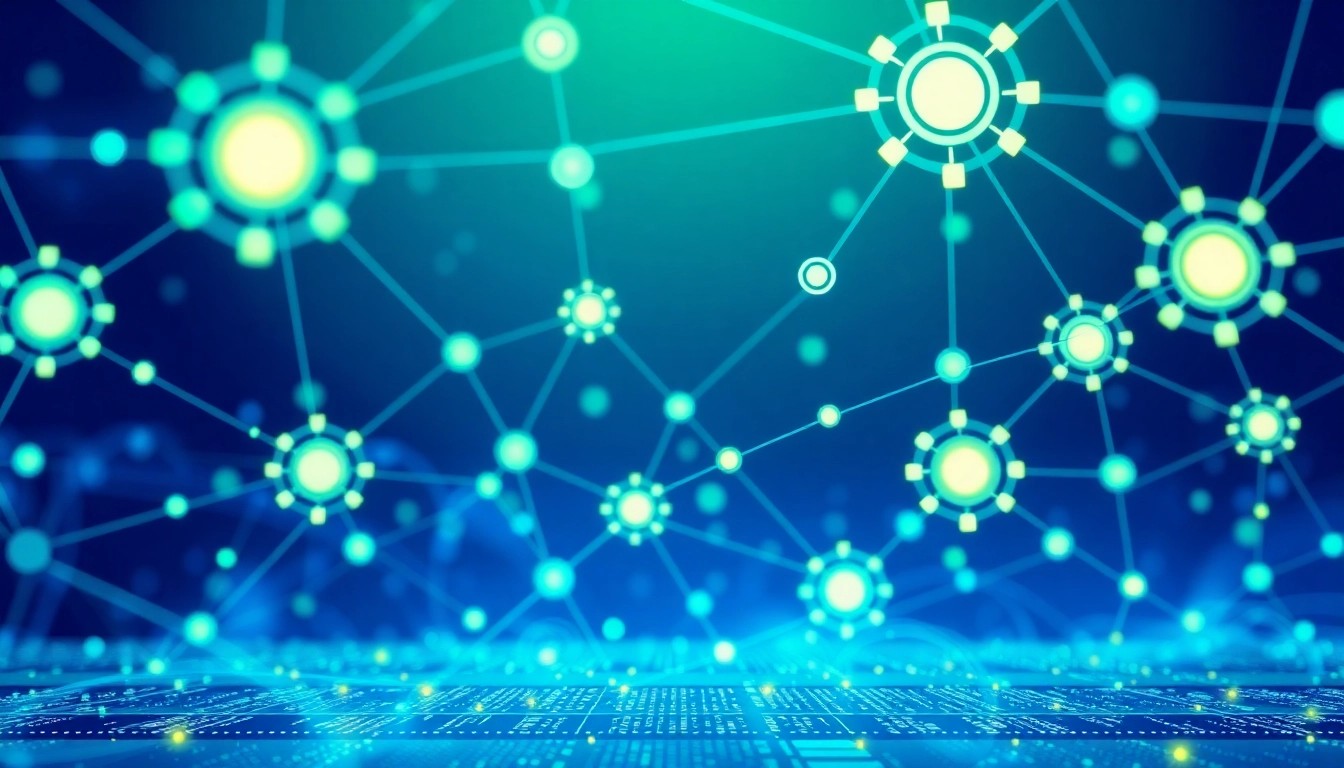 KJC logo amid dynamic digital network, showcasing connected platforms and technological integration to emphasize innovation and trust.