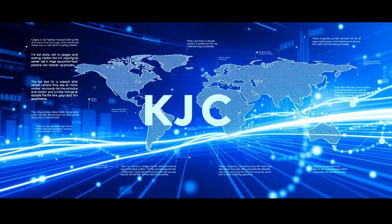 KJC logo amidst a connected digital network, symbolizing global reach and technological innovation in the gaming and entertainment industry.