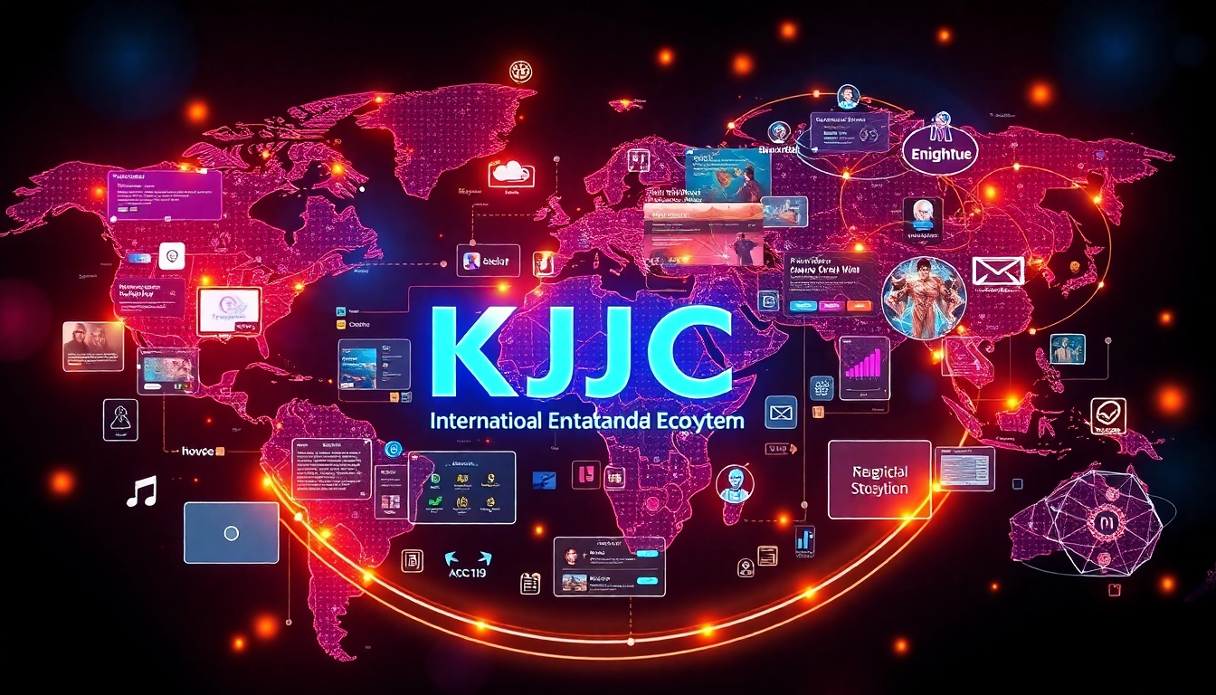 KJC global entertainment network linking platforms with modern interface and vibrant colors for