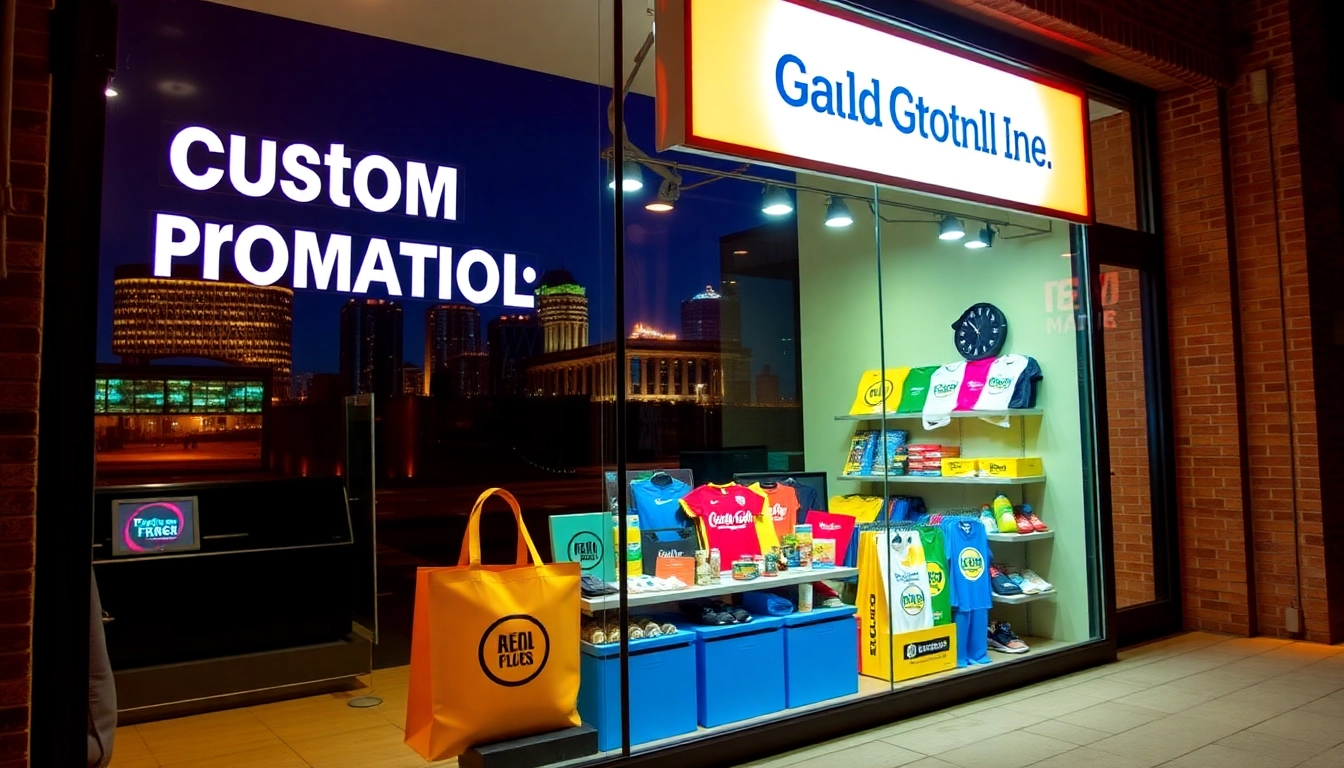 Promotional products in Louisville displayed on a storefront for local business marketing success