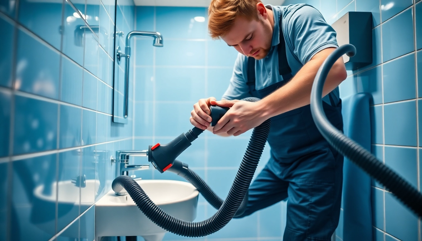 Professional technician performs service with advanced equipment in a clean bathroom setting