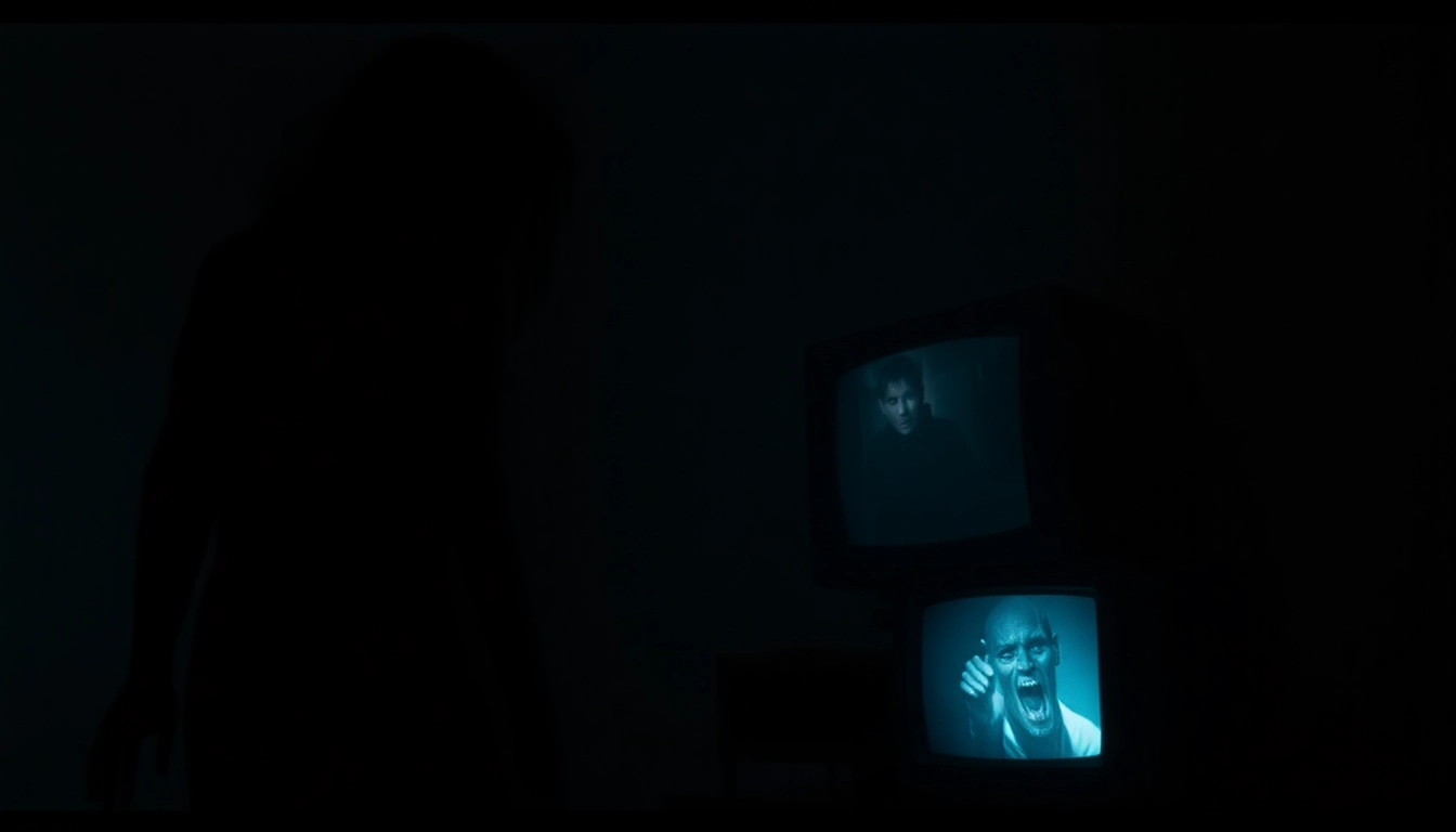 Close-up of a person watching a horror video with frightened expression, intense shadows highlight fear and suspense in a dark room.