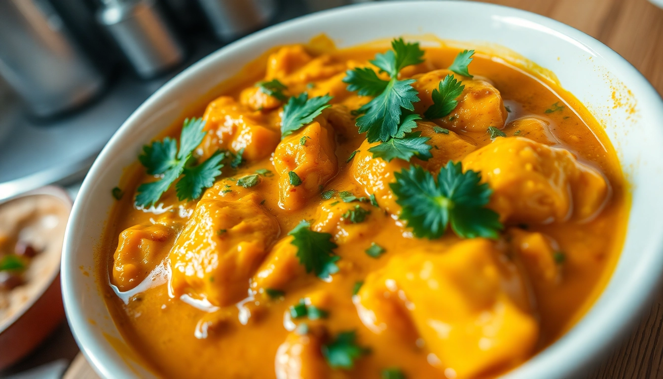 Pouring butter chicken paste to enhance rich flavors of a savory butter chicken dish with