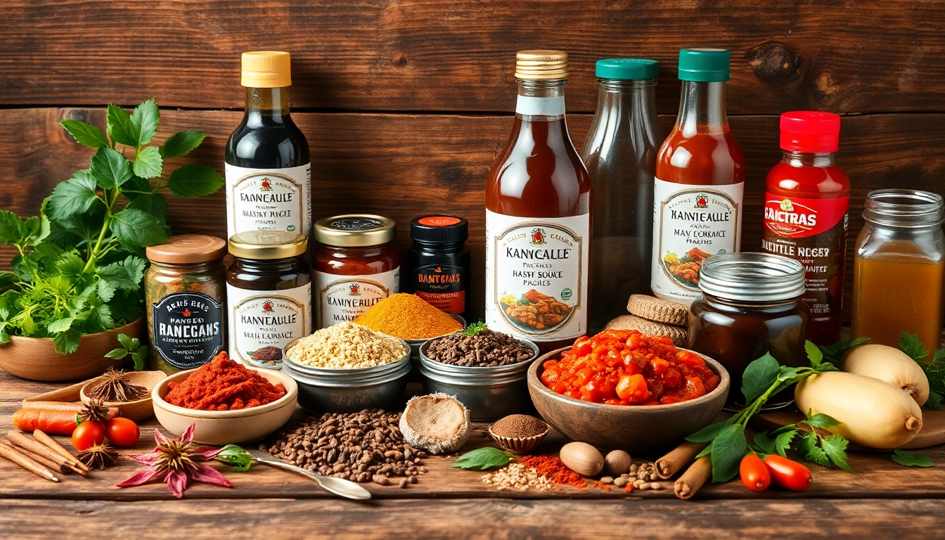 Assorted cooking pastes, chutneys, spices, and sauces with fresh ingredients arranged artfully