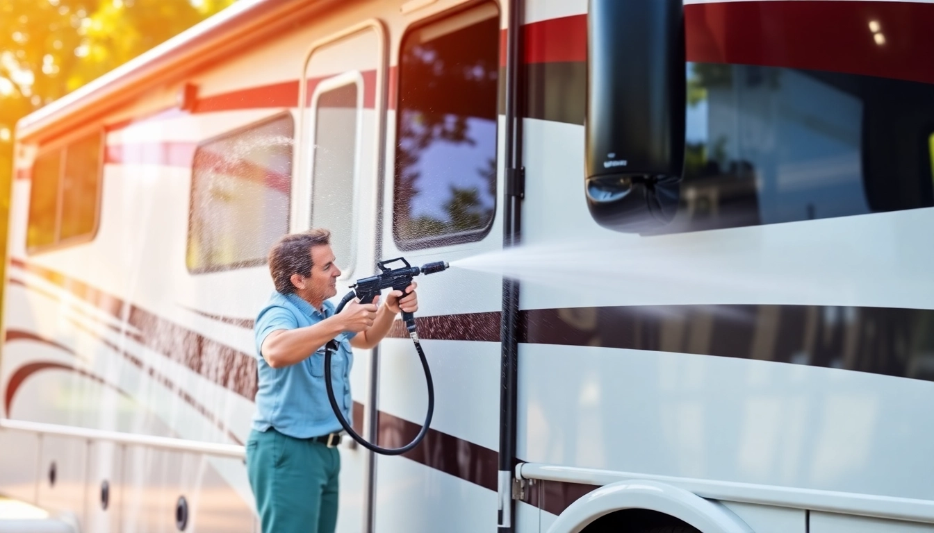 Professional use of Wohnmobilreiniger with foam gun on an RV exterior for deep cleaning and